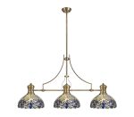 Pizza 3 Light Linear Pendant E27 With 30cm Tiffany Shade, Antique Brass, Blue, Clear Crystal