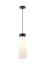 Konos 13cm 1 Light Pendant E27, With Large Opal Cylindrical Cone Glass Black Marble / Opal / Black / Black Fabric