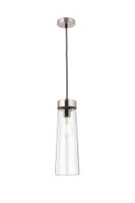 Konos 13cm 1 Light Pendant E27, With Large Clear Cylindrical Cone Glass Satin Nickel / Clear / Black Fabric