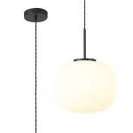 Horus 30cm Medium Oval Ball Pendant 1 Light E27 Matt Black Suspension With Frosted White Glass Globe