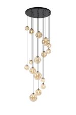 Monza 60cm Pendant, 16 x G9, Satin Black, Amber Plated Glass
