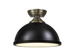 Amara 1 Light Flush Ceiling E27 With Round 31cm Metal Shade Antique Brass/Matt Black/Frosted White