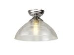Amara 1 Light Flush Ceiling E27 With Round 33.5cm Prismatic Effect Glass Shade Polished Nickel/Clear