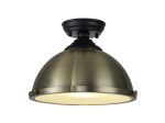 Amara 1 Light Flush Ceiling E27 With Round 31cm Metal Shade Matt Black/Antique Brass/Frosted White