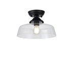 Amara 1 Light Flush Ceiling E27 With Flat Round 30cm Glass Shade Matt Black/Clear