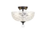 Amara 2 Light Semi Flush Ceiling E27 With Flat Round 30cm Patterned Glass Shade Matt Black/Clear