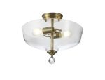 Amara 2 Light Semi Flush Ceiling E27 With Flat Round 38cm Glass Shade Antique Brass/Clear