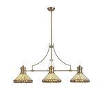 Te 3 Light Linear Pendant E27 With 30cm Tiffany Shade, Antique Brass, Amber, Cream, Crystal