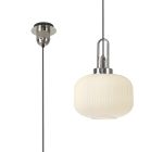 Urasawa 1 Light Pendant E27 With 30cm Pumpkin Shaped Ribbed Glass, Opal Polished Nickel/Matt Black