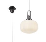 Urasawa 1 Light Pendant E27 With 30cm Pumpkin Shaped Ribbed Glass, Opal Black Chrome/Matt Black