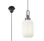 Urasawa 1 Light Pendant E27 With 20cm Tubular Ribbed Glass, Opal Black Chrome/Matt Black