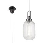 Urasawa 1 Light Pendant E27 With 20cm Tubular Ribbed Glass, Clear Black Chrome/Matt Black