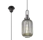 Urasawa 1 Light Pendant E27 With 20cm Tubular Ribbed Glass, Smoked Black Chrome/Matt Black