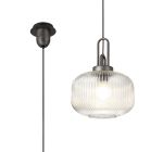 Urasawa 1 Light Pendant E27 30cm Pumpkin Shaped Ribbed Glass, Clear Black/Aged Pewter