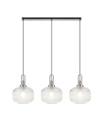 Urasawa Linear 3 Light Pendant E27, Polished Nickel/Matt Black With 30cm Pumpkin Shaped Ribbed Clear Glass