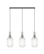 Urasawa Linear 3 Light Pendant E27 With 20cm Tubular Ribbed Glass, Clear Polished Nickel/Matt Black