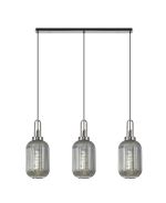 Urasawa Linear 3 Light Pendant E27 With 20cm Tubular Ribbed Glass, Smoked Polished Nickel/Matt Black