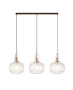 Urasawa Linear 3 Light Pendant E27, Copper/Matt Black With 30cm Pumpkin Shaped Ribbed Clear Glass