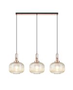 Urasawa Linear 3 Light Pendant E27, Copper/Matt Black With 30cm Pumpkin Shaped Ribbed Champagne Glass