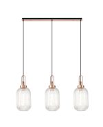 Urasawa Linear 3 Light Pendant E27 With 20cm Tubular Ribbed Glass, Clear Copper/Matt Black