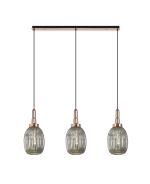 Urasawa Linear 3 Light Pendant E27 With 20cm Almond Ribbed Glass, Smoked Copper/Matt Black