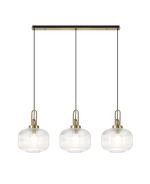 Urasawa Linear 3 Light Pendant E27, Brass Gold/Matt Black With 30cm Pumpkin Shaped Ribbed Clear Glass