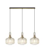 Urasawa Linear 3 Light Pendant E27, Brass Gold/Matt Black With 30cm Pumpkin Shaped Ribbed Champagne Glass