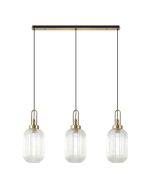 Urasawa Linear 3 Light Pendant E27 With 20cm Tubular Ribbed Glass, Clear Brass Gold/Matt Black