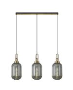 Urasawa Linear 3 Light Pendant E27 With 20cm Tubular Ribbed Glass, Smoked Brass Gold/Matt Black