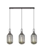 Urasawa Linear 3 Light Pendant E27 With 20cm Tubular Ribbed Glass, Smoked Black Chrome/Matt Black