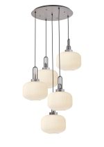 Urasawa 75cm 2.5m Round Pendant, 5 x E27, Pewter/Matt Black With 30cm Pumpkin Shaped Ribbed Opal Glass