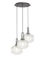 Urasawa 65cm 2m Round Pendant, 3 x E27, Pewter/Matt Black With 30cm Pumpkin Shaped Ribbed Clear Glass