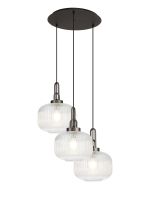 Urasawa 65cm 2m Round Pendant, 3 x E27, Antique Silver/Matt Black With 30cm Pumpkin Shaped Ribbed Clear Glass