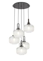 Urasawa 75cm 2.5m Round Pendant, 5 x E27, Black Chrome/Matt Black With 30cm Pumpkin Shaped Ribbed Clear Glass