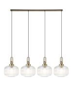 Urasawa Linear Pendant, 4 x E27, Brass Gold/Matt Black With 30cm Pumpkin Shaped Ribbed Clear Glass