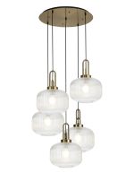 Urasawa 75cm 2.5m Round Pendant, 5 x E27, Brass Gold/Matt Black With 30cm Pumpkin Shaped Ribbed Clear Glass