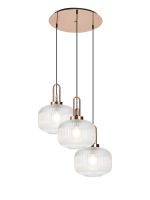 Urasawa 65cm 2m Round Pendant, 3 x E27, Copper/Matt Black With 30cm Pumpkin Shaped Ribbed Clear Glass