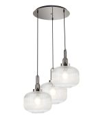 Urasawa 65cm 2m Round Pendant, 3 x E27, Polished Nickel/Matt Black With 30cm Pumpkin Shaped Ribbed Clear Glass