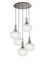 Urasawa 75cm 2.5m Round Pendant, 5 x E27, Polished Nickel/Matt Black With 30cm Pumpkin Shaped Ribbed Clear Glass