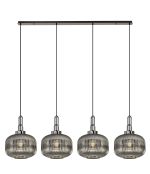 Urasawa Linear Pendant, 4 x E27, Black Chrome/Matt Black With 30cm Pumpkin Shaped Ribbed Smoked Glass