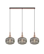 Urasawa Linear 3 Light Pendant E27, Copper/Matt Black With 30cm Pumpkin Shaped Ribbed Smoked Glass