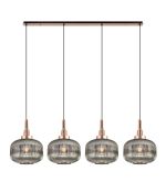 Urasawa Linear Suspension Kit, 4 x E27, Copper/Matt Black With 30cm Pumpkin Shaped Ribbed Smoked Glass