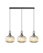 Urasawa Linear 3 Light Pendant E27, Aged Pewter/Matt Black With 30cm Pumpkin Shaped Ribbed Champagne Glass