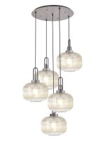Urasawa 75cm 2.5m Round Pendant, 5 x E27, Pewter/Matt Black With 30cm Pumpkin Shaped Ribbed Champagne Glass