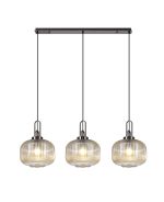 Urasawa Linear 3 Light Pendant E27, Black Chrome/Matt Black With 30cm Pumpkin Shaped Ribbed Champagne Glass