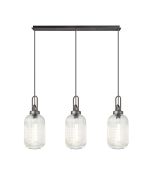 Urasawa Linear 3 Light Pendant With 20cm Tubular Ribbed Glass, Aged Pewter/Matt Black Clear