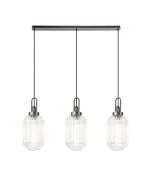 Urasawa Linear 3 Light Pendant With 20cm Tubular Ribbed Glass, Antique Silver/Matt Black Clear