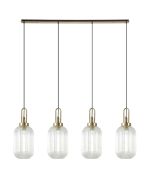 Urasawa Linear 4 Light Pendant With 20cm Tubular Ribbed Glass, Brass Gold/Matt Black Clear