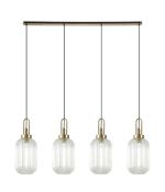 Urasawa Linear 4 Light Pendant With 20cm Tubular Ribbed Glass, Brass Gold/Matt Black Clear