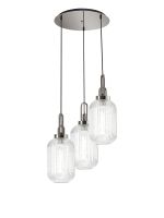 Urasawa 55cm Round 3 Light Pendant With 20cm Tubular Ribbed Glass, Polished Nickel/Matt Black Clear